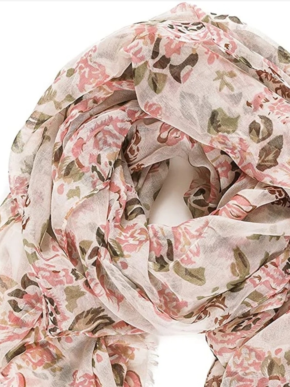 NWOT August - Poppy Pink Flower w/Tassels. Sheer Scarf w/ Olive Botanical Print